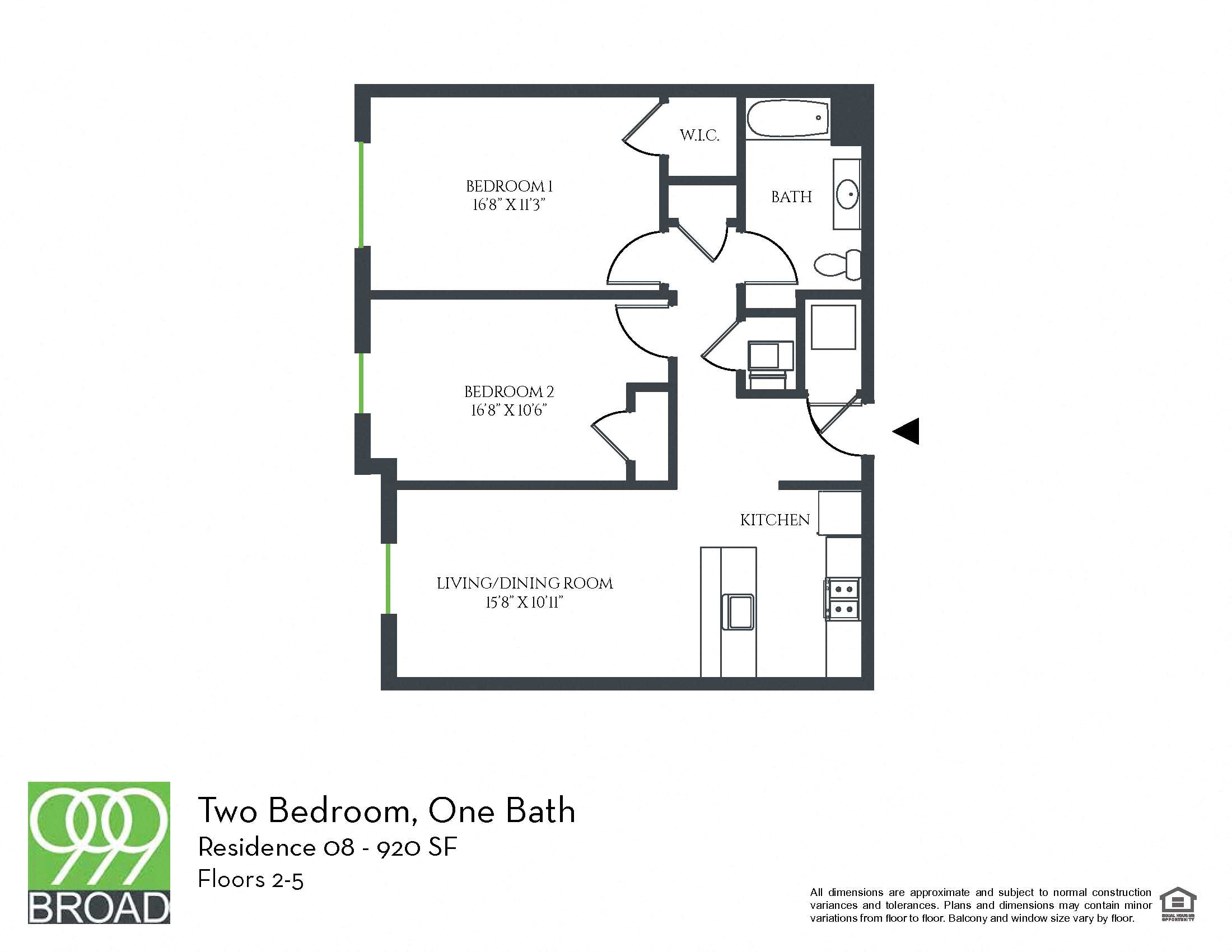 Floor plan for 2 beds, 1 bath, 920 sqft